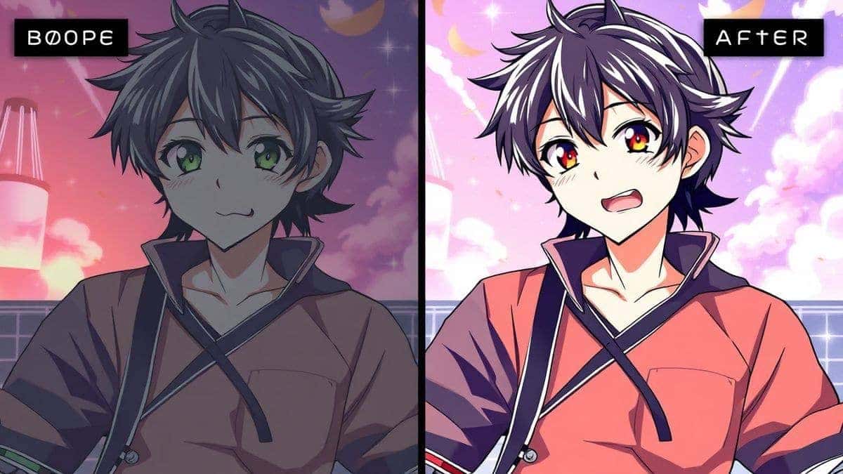 split screen before and after photo to anime transformation vibrant anime art style detailed line art soft shading studio quality