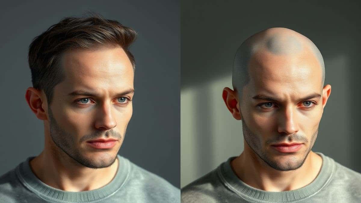 side by side comparison of a person with hair and the same person transformed with ai bald filter showing a realistic bald head ultra detailed professional lighting