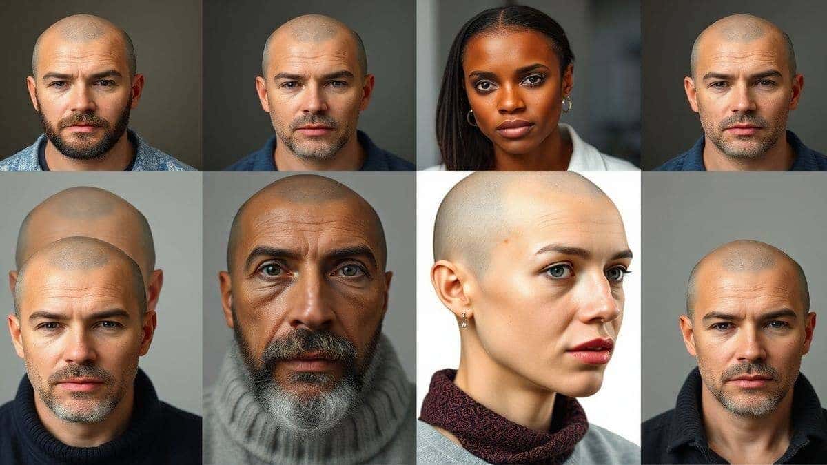 collage of before and after photos showing realistic ai bald filter transformations on diverse faces high quality detailed