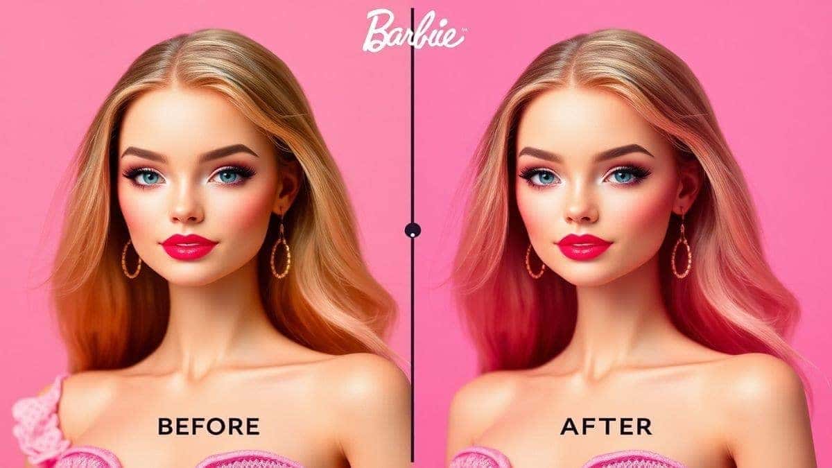 sleek ai barbie filter online interface showing before and after photo transformation with vibrant pink aesthetic modern web design 4k