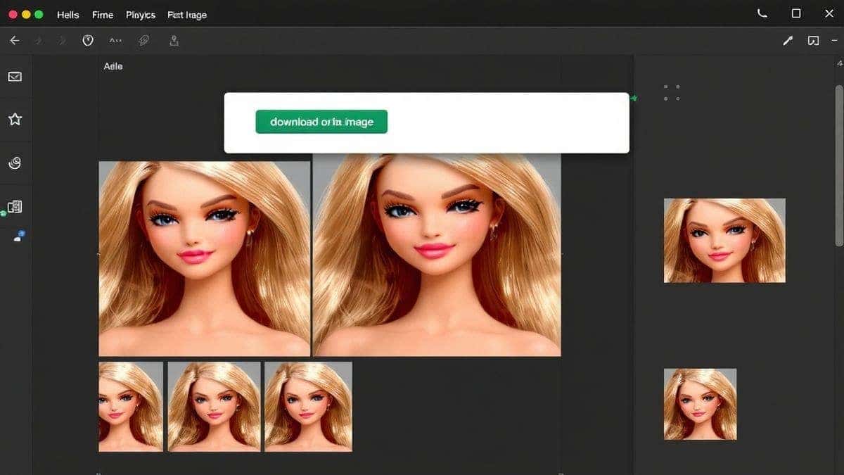 multiple ai generated barbie style portrait results displayed on screen with download button highlighted and final image saved to folder multiple ai generated barbie style portrait results displayed on screen with download button highlighted and final image saved to folder