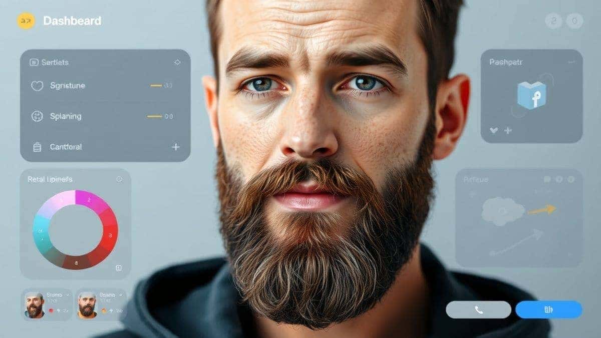 modern ai beard filter dashboard interface showing facial hair editing options realistic preview futuristic ui 4k
