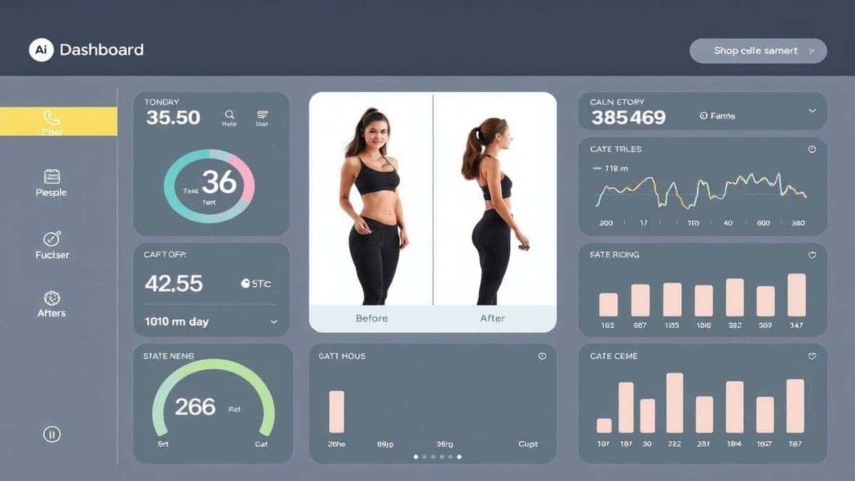 modern dashboard interface showing ai body slimming tools with before and after photo comparison sleek minimalist design 4k