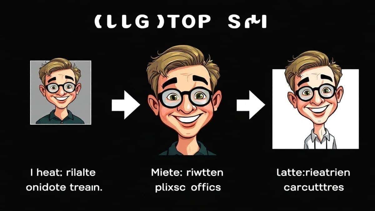 animated step by step process showing a photo being uploaded then transforming into a stylized caricature through ai animated step by step process showing a photo being uploaded then transforming into a stylized caricature through ai