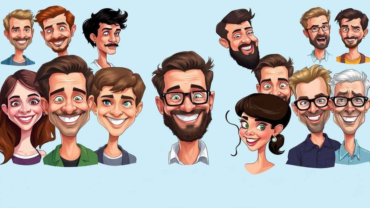 collage of various ai generated caricatures from photos different art styles colorful modern high quality detailed