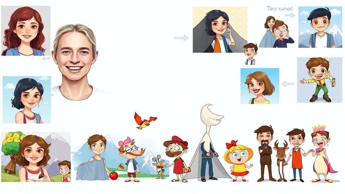 collage of diverse before and after photos transformed into cartoon styles ai photo to cartoon examples vibrant colors professional results
