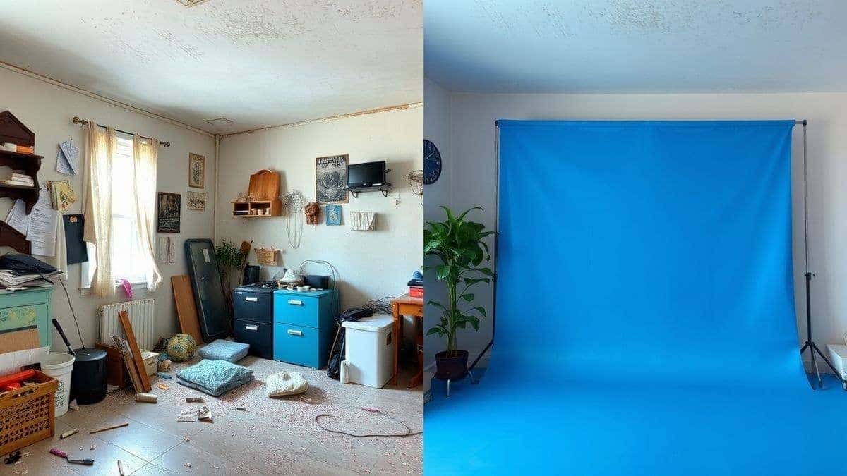 split screen comparison showing original photo with messy room background and edited photo with clean professional blue background using ai photo editor