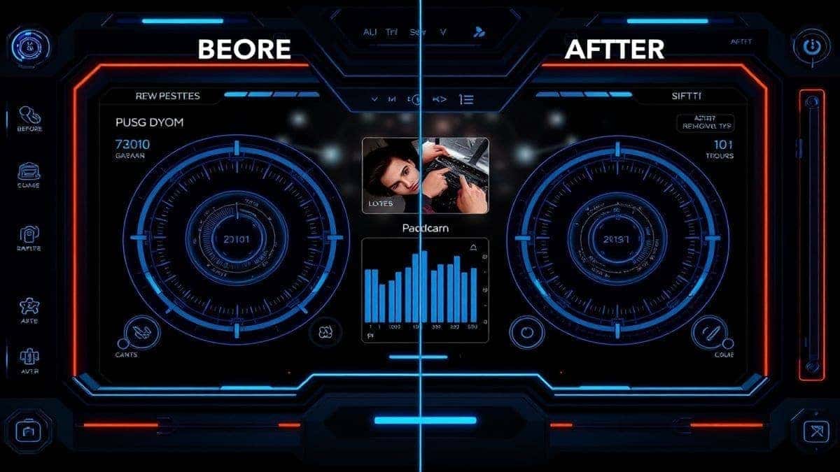futuristic ai clone stamp tool dashboard interface showing before and after image editing with object removal highlights neon blue accents modern ui