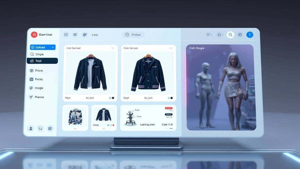 futuristic online ai clothes remover tool dashboard interface with image upload area and style selection options ultra detailed 4k