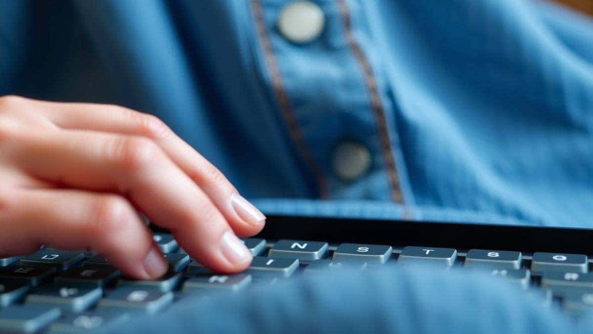 close up of user typing detailed fashion prompt into ai clothes remover text field with sample image on screen close up of user typing detailed fashion prompt into ai clothes remover text field with sample image on screen