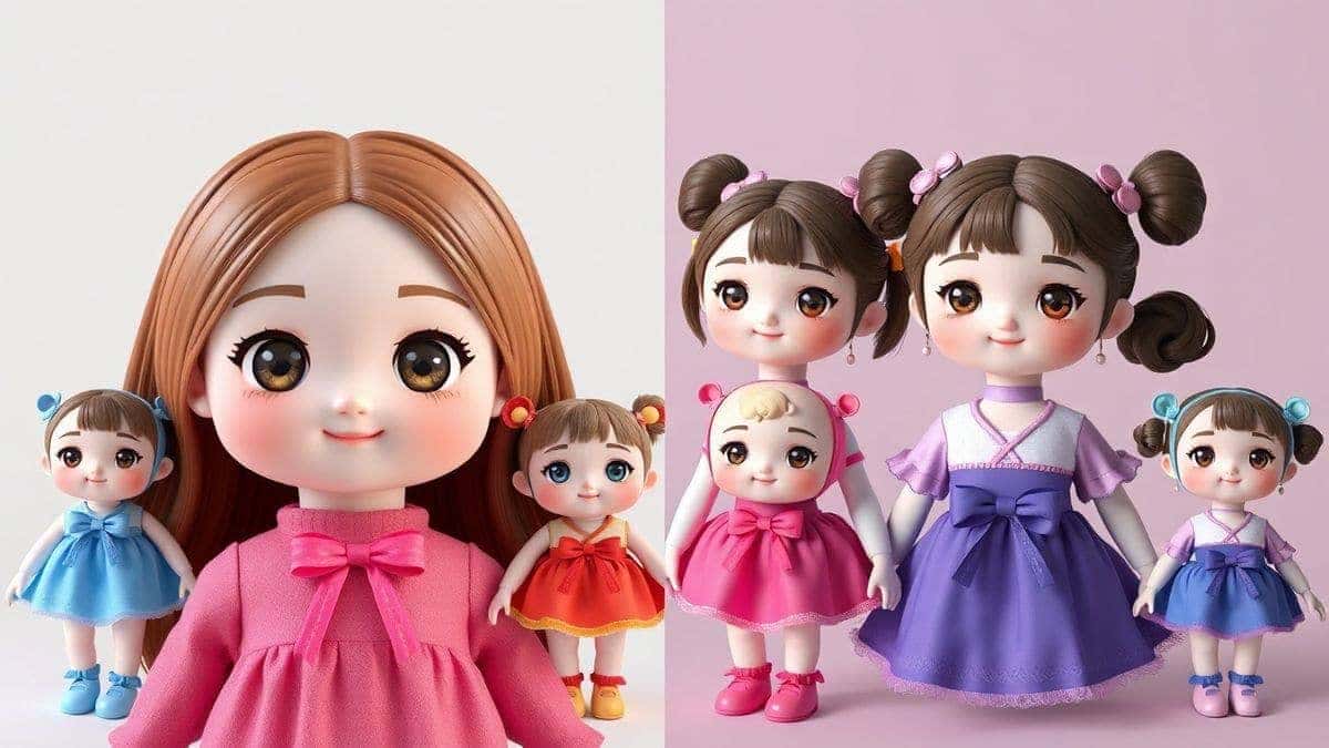 wide banner showing comparison of original photo to multiple AI generated doll styles fantasy kawaii realistic 3d render high quality 8k
