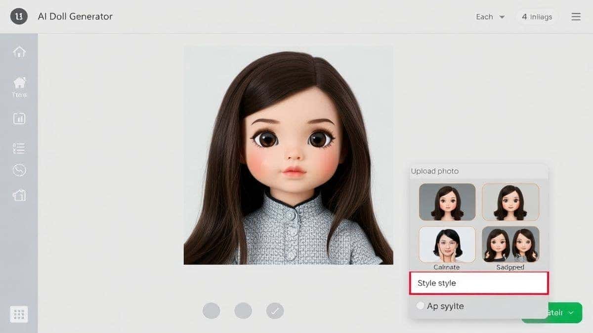 close up screenshot of AI Doll Generator interface showing upload photo area and style selection dropdown menu close up screenshot of AI Doll Generator interface showing upload photo area and style selection dropdown menu