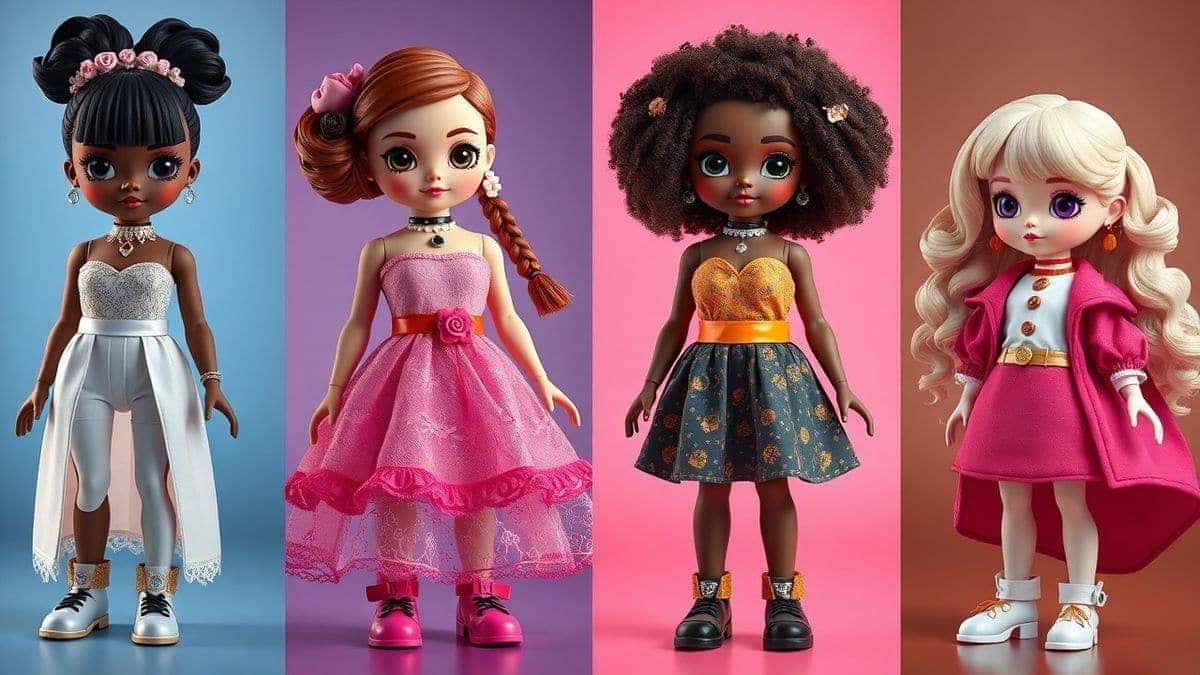 grid of four ai generated doll images showing different styles porcelain fashion fantasy and cartoon each with unique outfits and backgrounds vibrant colors professional lighting