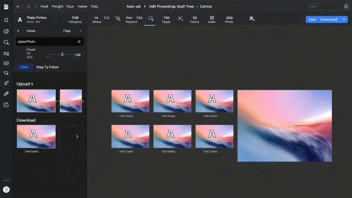step by step tutorial interface showing ai photo editing workflow with upload adjust and download stages clean modern design step by step tutorial interface showing ai photo editing workflow with upload adjust and download stages clean modern design