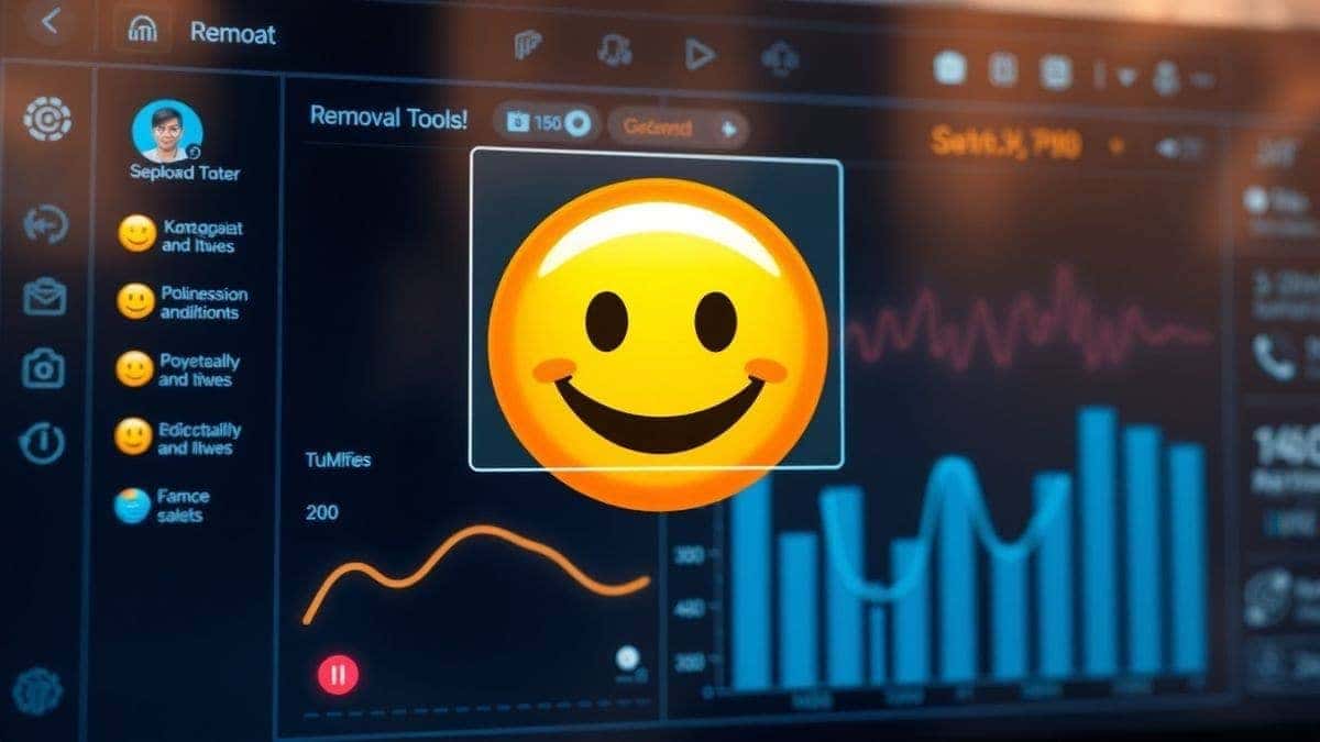 modern ai image editor dashboard interface showing photo with emoji removal tool selected futuristic ui soft lighting high tech 8k