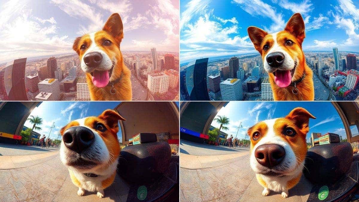 four panel collage showing before and after examples of ai fisheye filter effect on portraits cityscapes and pets vibrant colors dramatic lens distortion ultra detailed