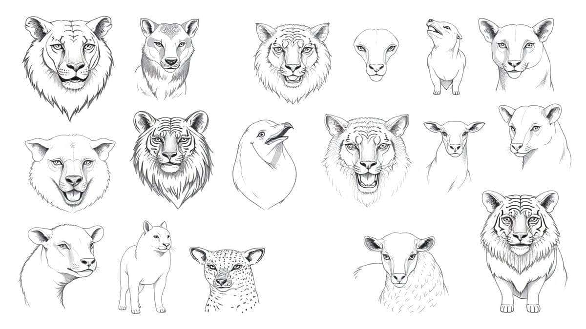 collection of various ai generated line drawings showing portraits animals and objects clean pencil sketch style artistic variety high quality