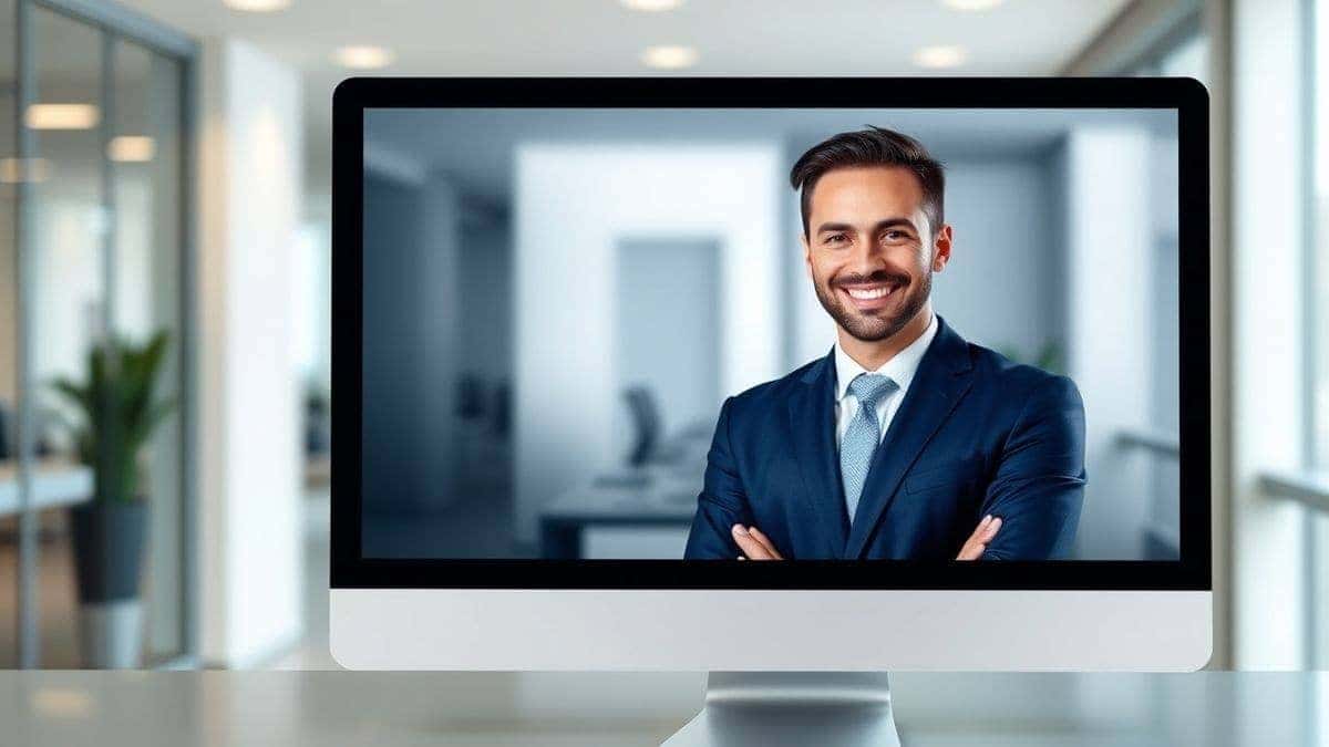 professional ai generated headshot result on computer screen showing corporate portrait with suit and office background high quality realistic professional ai generated headshot result on computer screen showing corporate portrait with suit and office background high quality realistic
