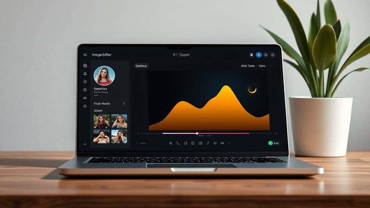 sleek modern ai image editor dashboard interface on a laptop screen showing photo editing tools with a before and after slider ultra realistic detailed