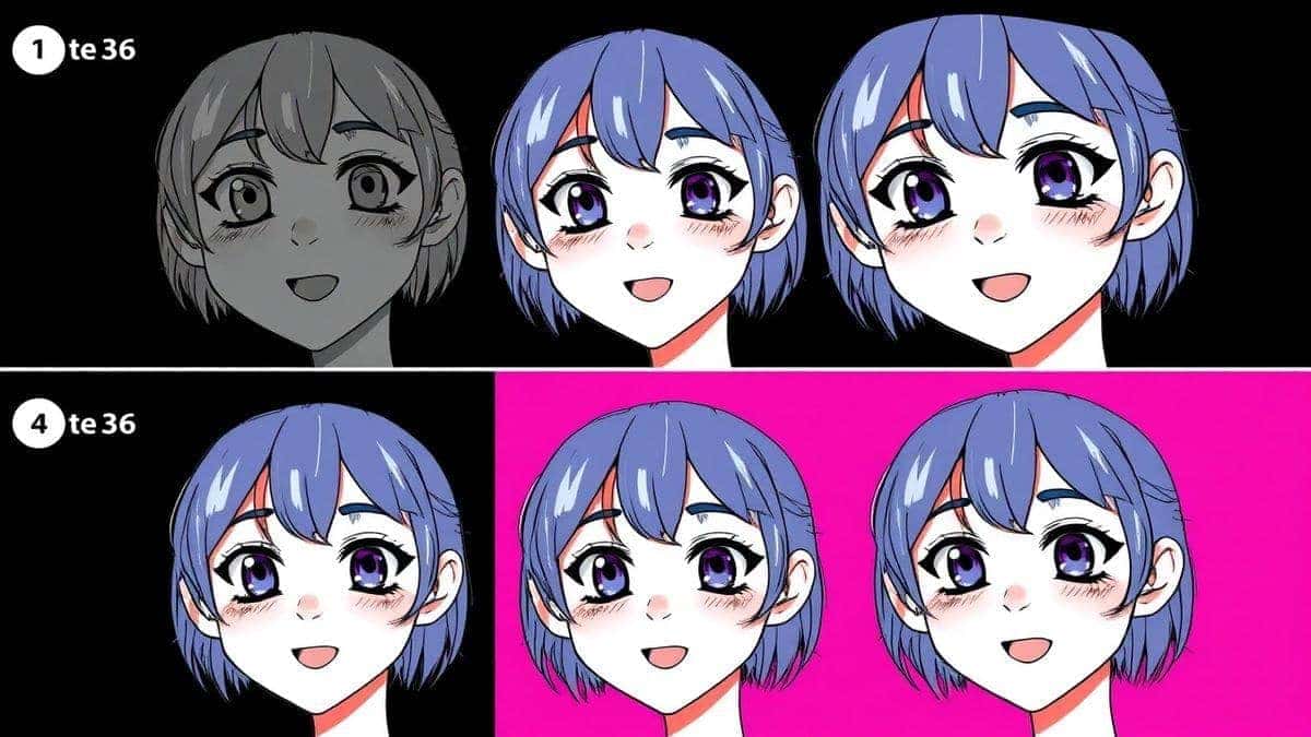four panel image showing the step by step progress of an AI generating an anime face from rough sketch to detailed line art to final colored render four panel image showing the step by step progress of an AI generating an anime face from rough sketch to detailed line art to final colored render