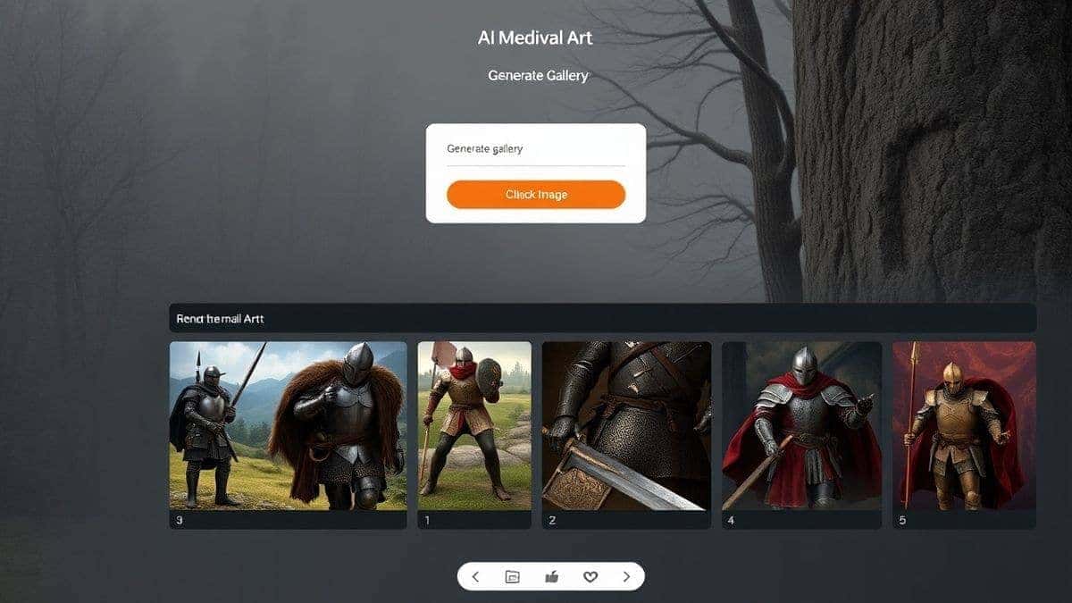 screenshot of AI Medieval Art interface showing prompt input box generate button and results gallery with medieval knight images modern clean ui design screenshot of AI Medieval Art interface showing prompt input box generate button and results gallery with medieval knight images modern clean ui design