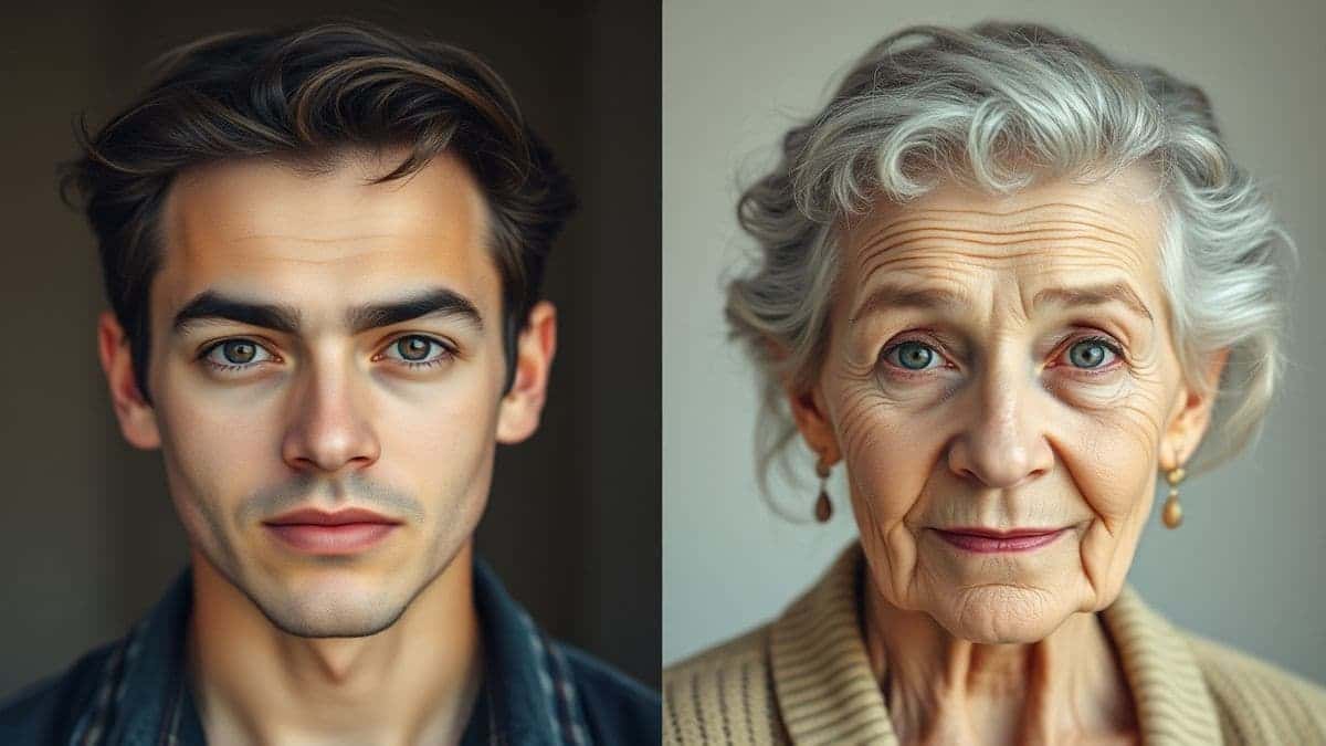 split screen comparison of a young man and woman transformed into elderly versions using ai old filter tool hyper realistic skin texture 4k