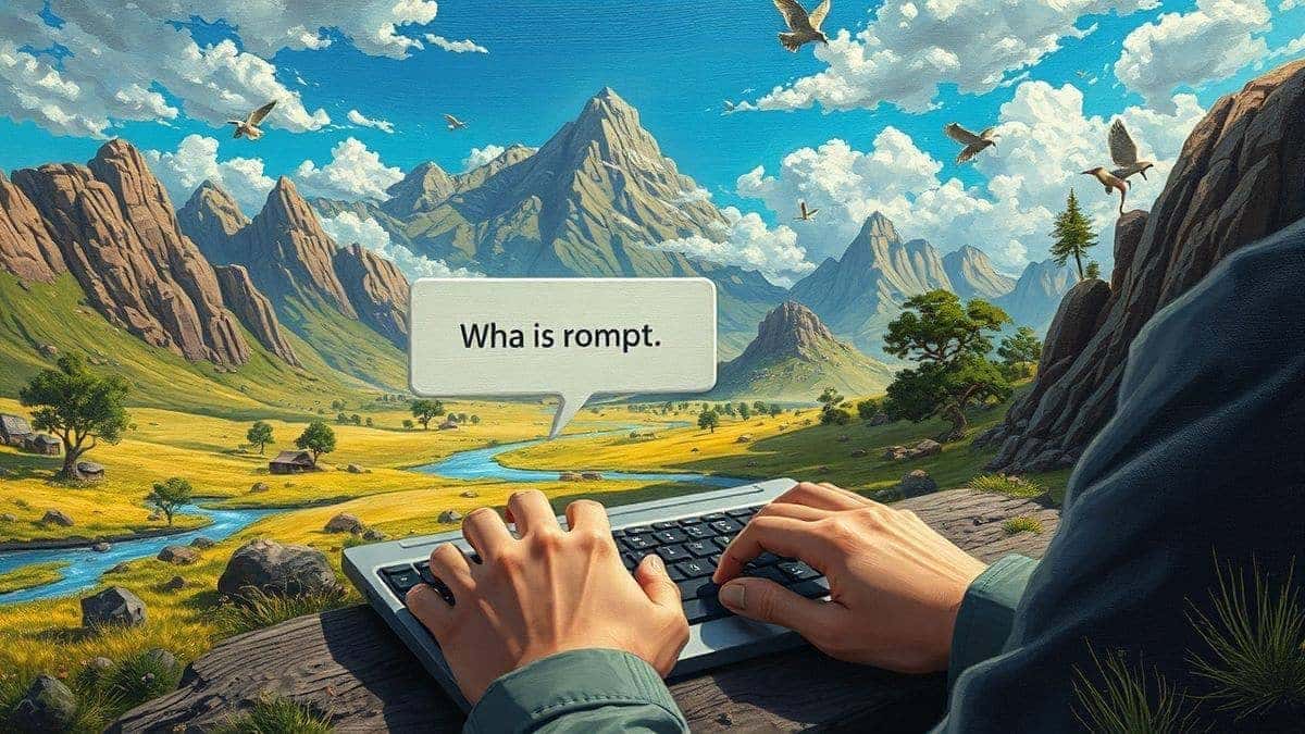 detailed illustration of a person typing a prompt into an ai image generator showing the prompt in a speech bubble detailed fantasy landscape oil painting masterpiece trending on artstation