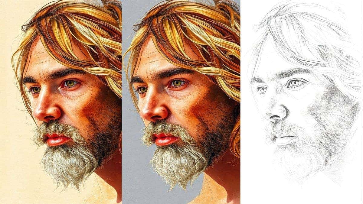 split screen comparison of same photo transformed into three different ai painting styles oil watercolor and sketch ultra detailed professional