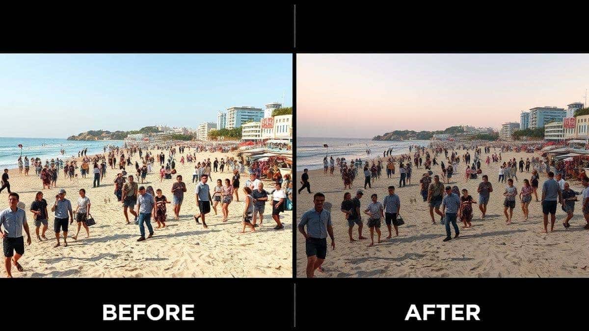 futuristic ai photo editor interface showing before and after of people removal from crowded beach scene with seamless background reconstruction ultra realistic 4k