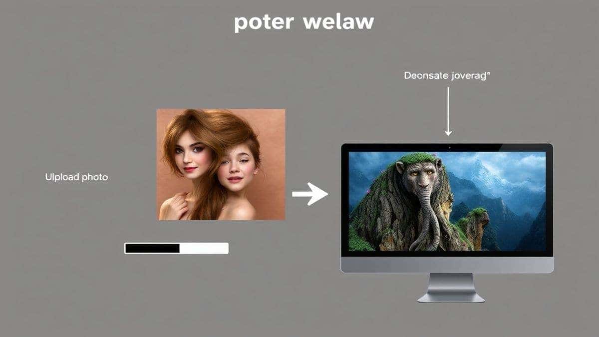 step by step ai photo editing workflow showing photo upload, the generation process with a loading bar, and the final ghibli style image download screen on a computer monitor step by step ai photo editing workflow showing photo upload, the generation process with a loading bar, and the final ghibli style image download screen on a computer monitor