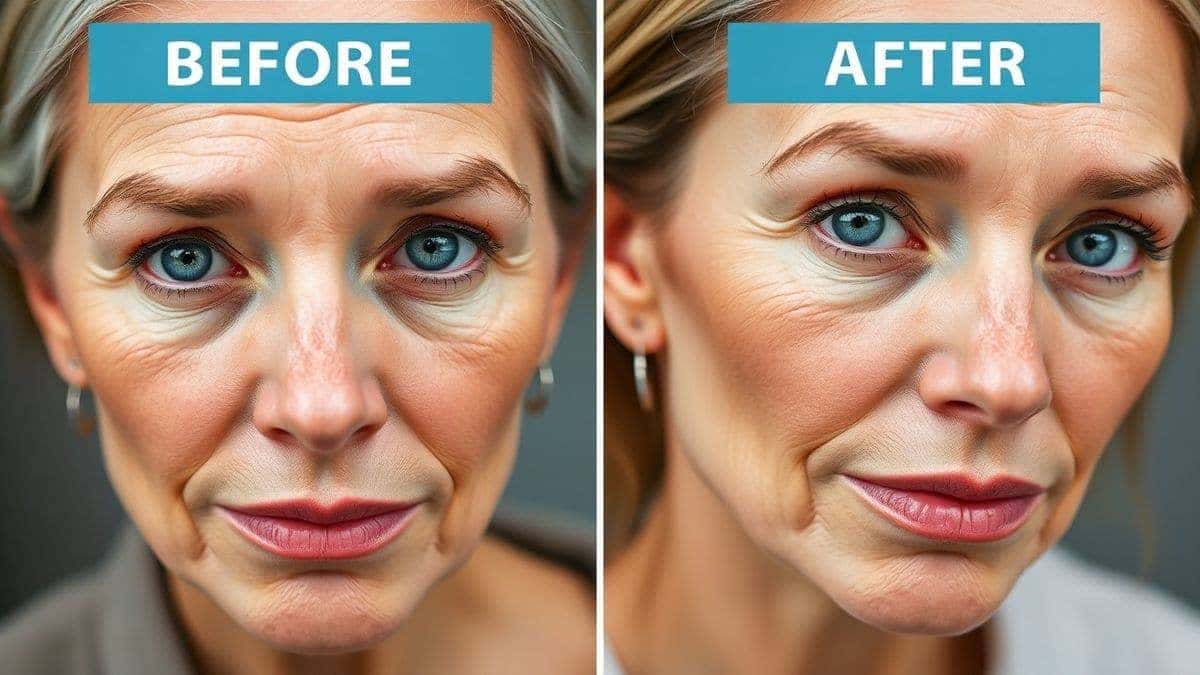 split screen comparison of a before photo with wrinkles and an after photo edited with an AI young filter showing smooth skin and rejuvenated appearance ultra realistic professional lighting