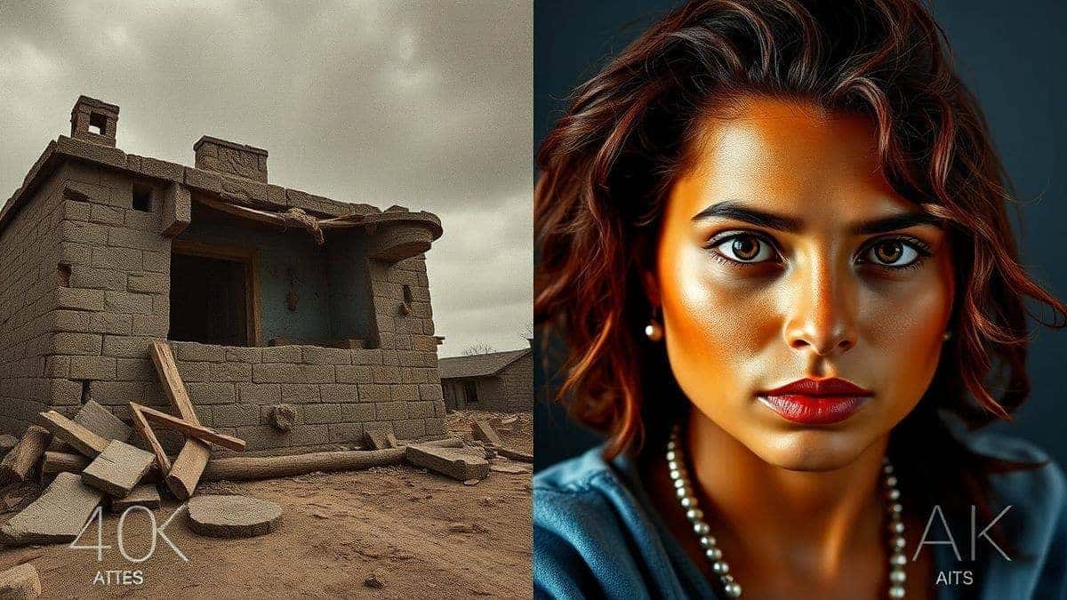 split screen comparison showing old damaged photograph on left and ai restored version on right vibrant colors clear details professional restoration 4k