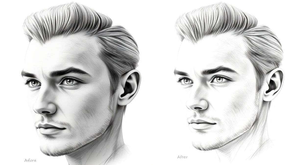side by side comparison of original photo and ai generated pencil sketch showing detailed facial features hair texture and shading high resolution