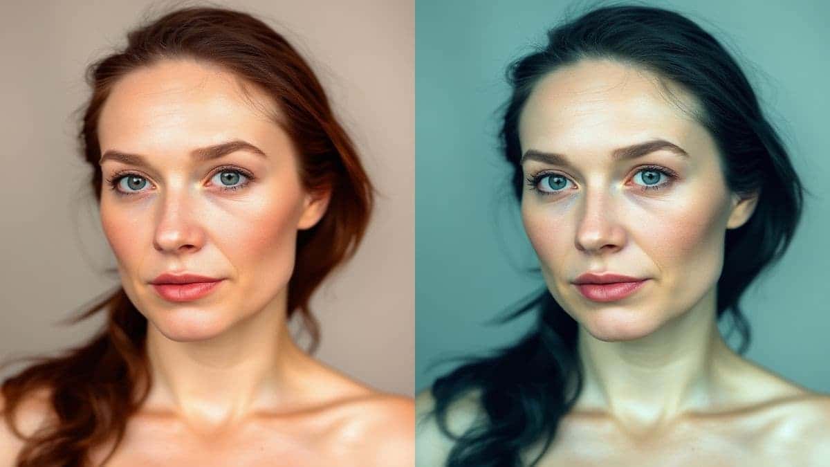 side by side comparison of original portrait and AI enhanced portrait showing natural skin smoothing and wrinkle removal ultra realistic side by side comparison of original portrait and AI enhanced portrait showing natural skin smoothing and wrinkle removal ultra realistic