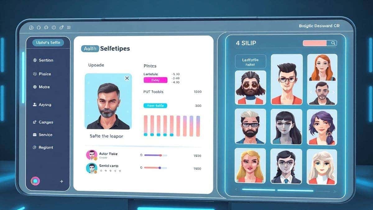 futuristic ai profile picture generator dashboard showing a user uploading a selfie and seeing various stylized avatar results on the right side modern UI neon accents 4k