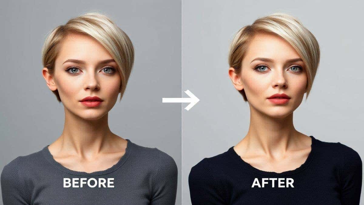 AI short hair filter online tool interface showing before and after photo of woman with short hairstyle modern web design ultra realistic