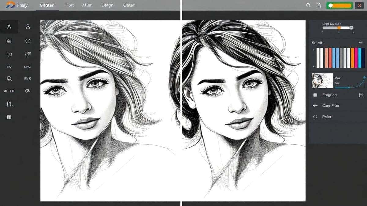 modern ai sketch generator interface showing photo to pencil sketch conversion with before and after comparison clean minimalist ui 4k quality