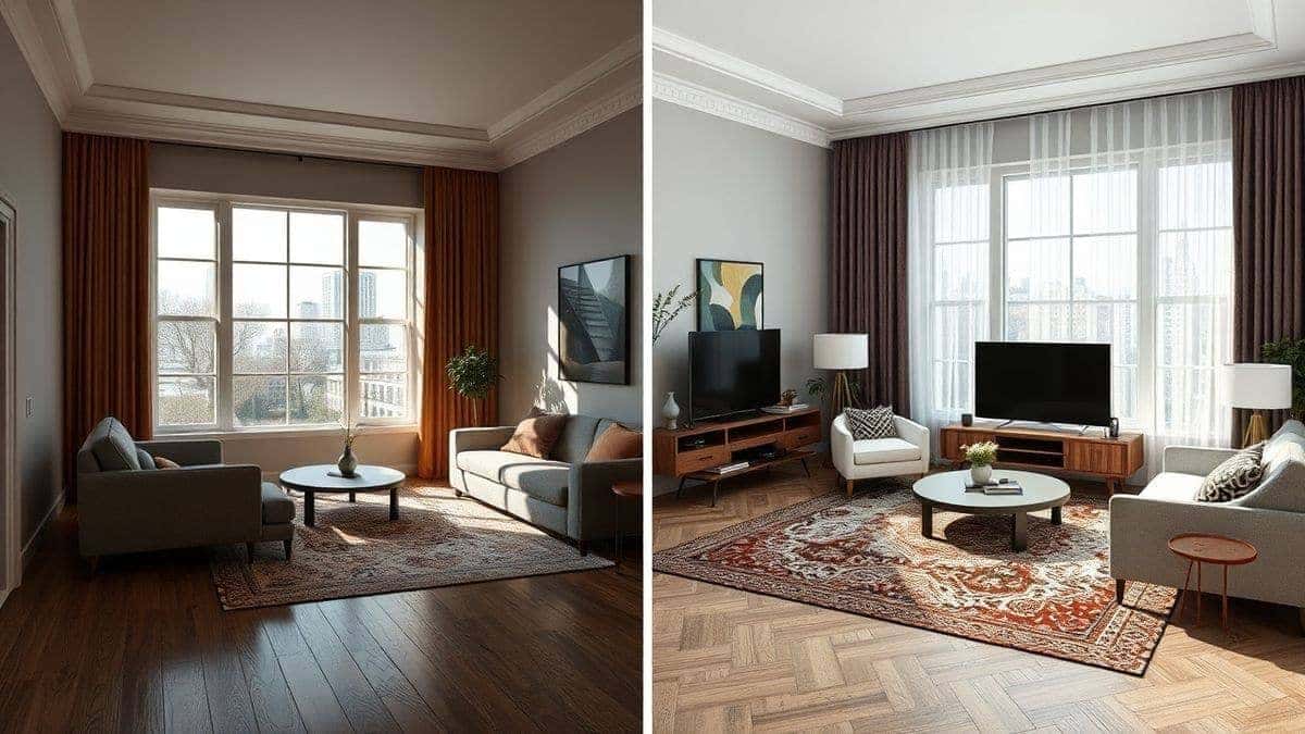 split screen showing original empty room and the same room virtually staged with modern furniture using ai photo editor realistic textures split screen showing original empty room and the same room virtually staged with modern furniture using ai photo editor realistic textures
