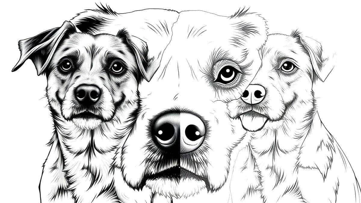 split screen before and after photo of a dog transformed into a black and white line art coloring page by AI crisp lines high quality