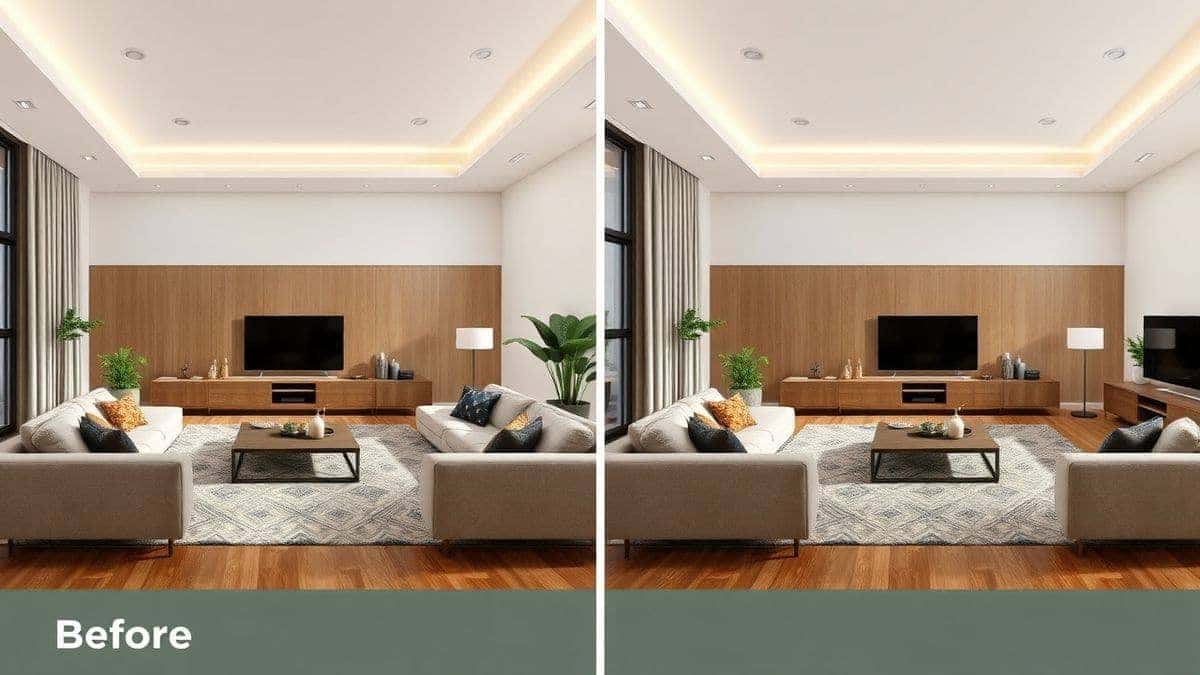 before and after comparison of an empty living room virtually staged with modern furniture using ai virtual staging ai realistic interior design 4k