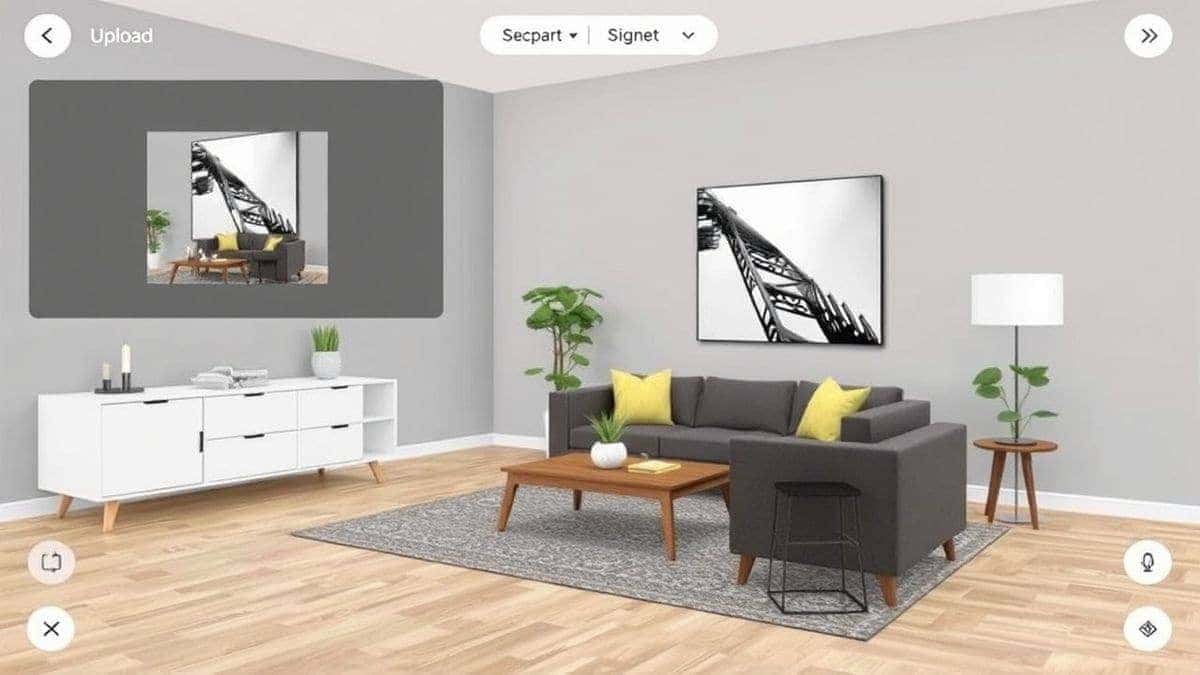 ai virtual staging step by step process upload photo style selection furniture placement generation interface modern design ai virtual staging step by step process upload photo style selection furniture placement generation interface modern design