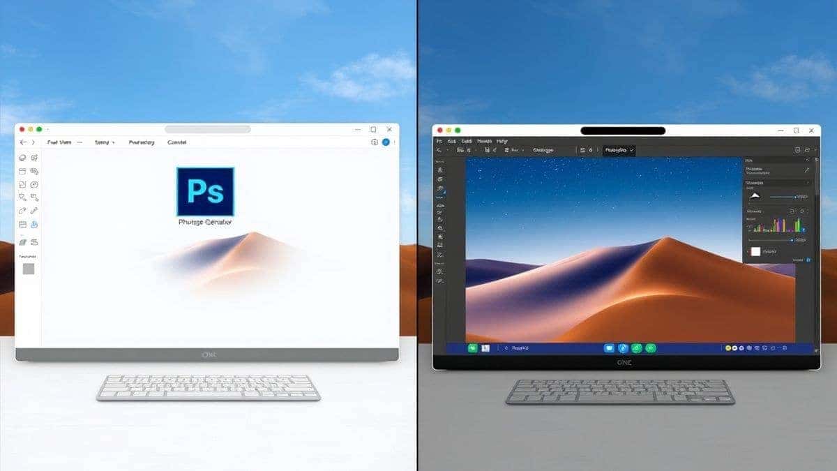 split screen comparison of complex photoshop interface versus simple ai image generator online interface for photo editing split screen comparison of complex photoshop interface versus simple ai image generator online interface for photo editing