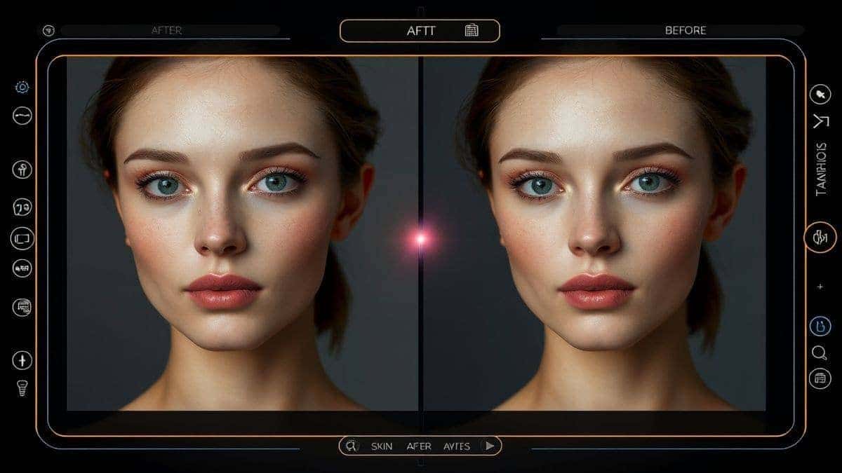 futuristic ai photo editor interface displaying before and after portrait rejuvenation with skin smoothing and glow effects modern UI design 4k