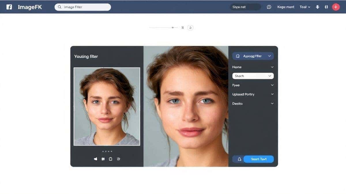 ImageFK AI Young Filter online tool interface showing an uploaded portrait and the youthful results being processed modern clean UI design ImageFK AI Young Filter online tool interface showing an uploaded portrait and the youthful results being processed modern clean UI design