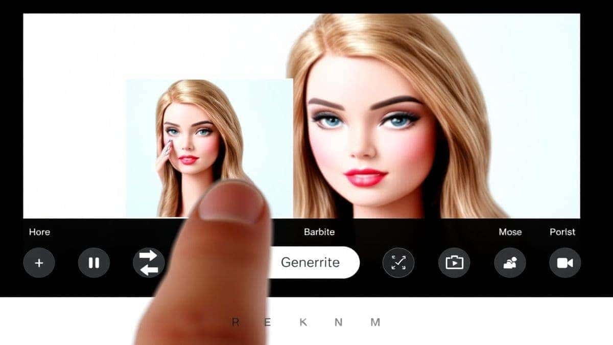 close up shot of a finger clicking the generate button on an ai barbie filter interface showing a photo transforming in real time close up shot of a finger clicking the generate button on an ai barbie filter interface showing a photo transforming in real time