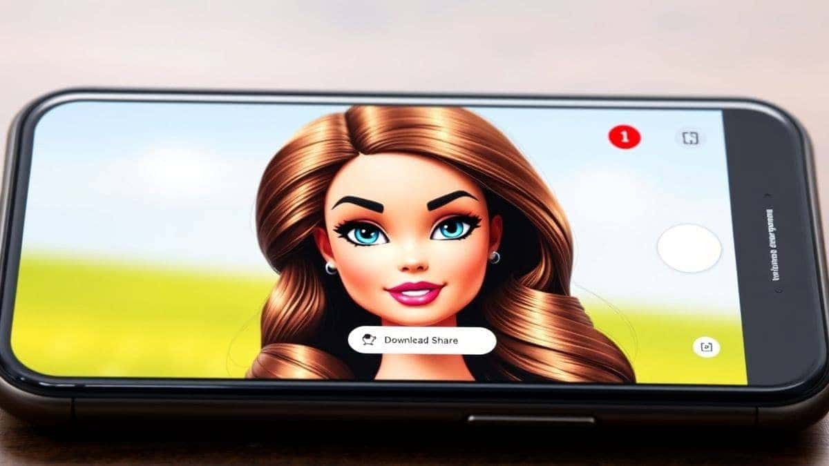 smartphone screen displaying a freshly generated barbie style ai portrait with a visible download button and share options social media interface smartphone screen displaying a freshly generated barbie style ai portrait with a visible download button and share options social media interface