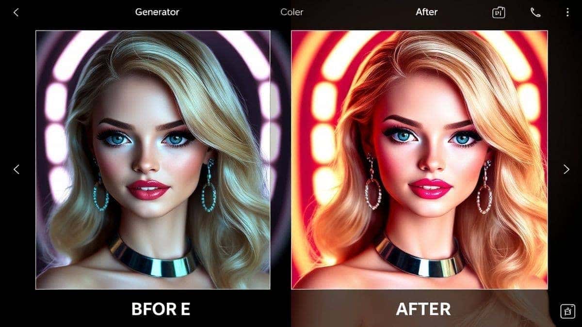sleek modern ai image generator interface displaying a before and after comparison of a photo transformed into a glamorous barbie style portrait futuristic ui cyberpunk lighting