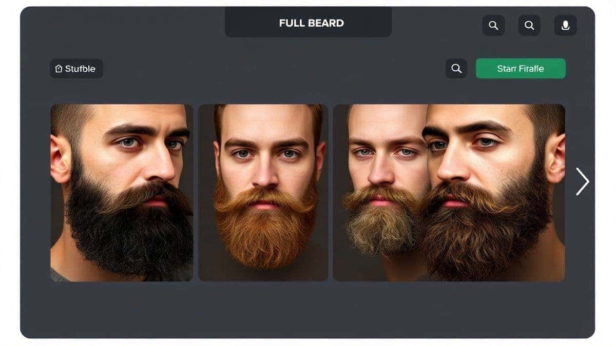 multiple beard style selection interface showing different facial hair options like full beard goatee stubble realistic preview multiple beard style selection interface showing different facial hair options like full beard goatee stubble realistic preview