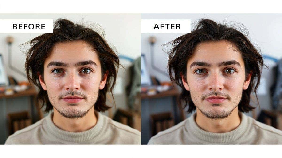 split screen comparison before and after ai background removal portrait with messy room background transformed to clean white