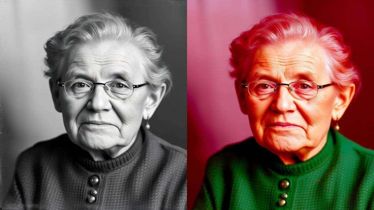 split screen comparison of old black and white photo versus vibrant AI colorized version showing restored family portrait historical preservation detailed textures